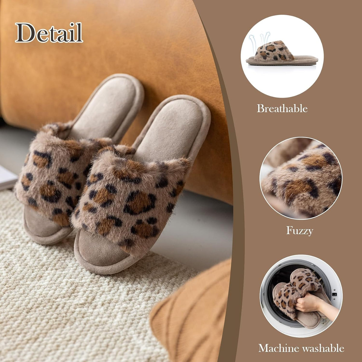 GOEWY Women's Fuzzy Open-Toe House Slippers with Memory Foam -Leopard Print