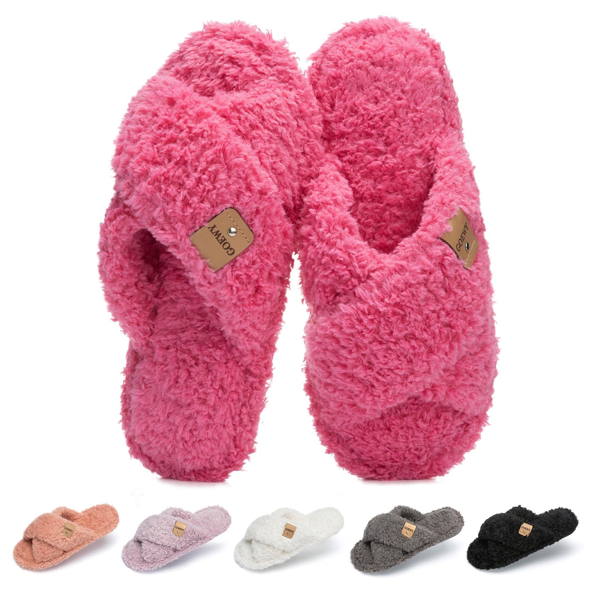 GOEWY Fuzzy Open Toe Slippers for Women Cozy Memory Foam House Shoes Indoor