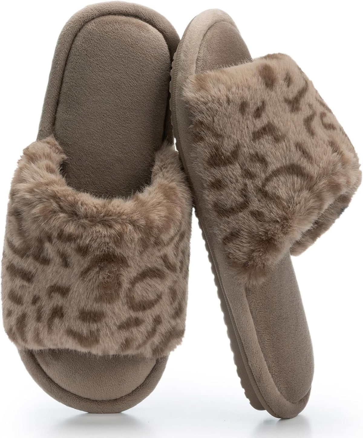GOEWY Women's Fuzzy Open-Toe House Slippers with Memory Foam -Leopard Print