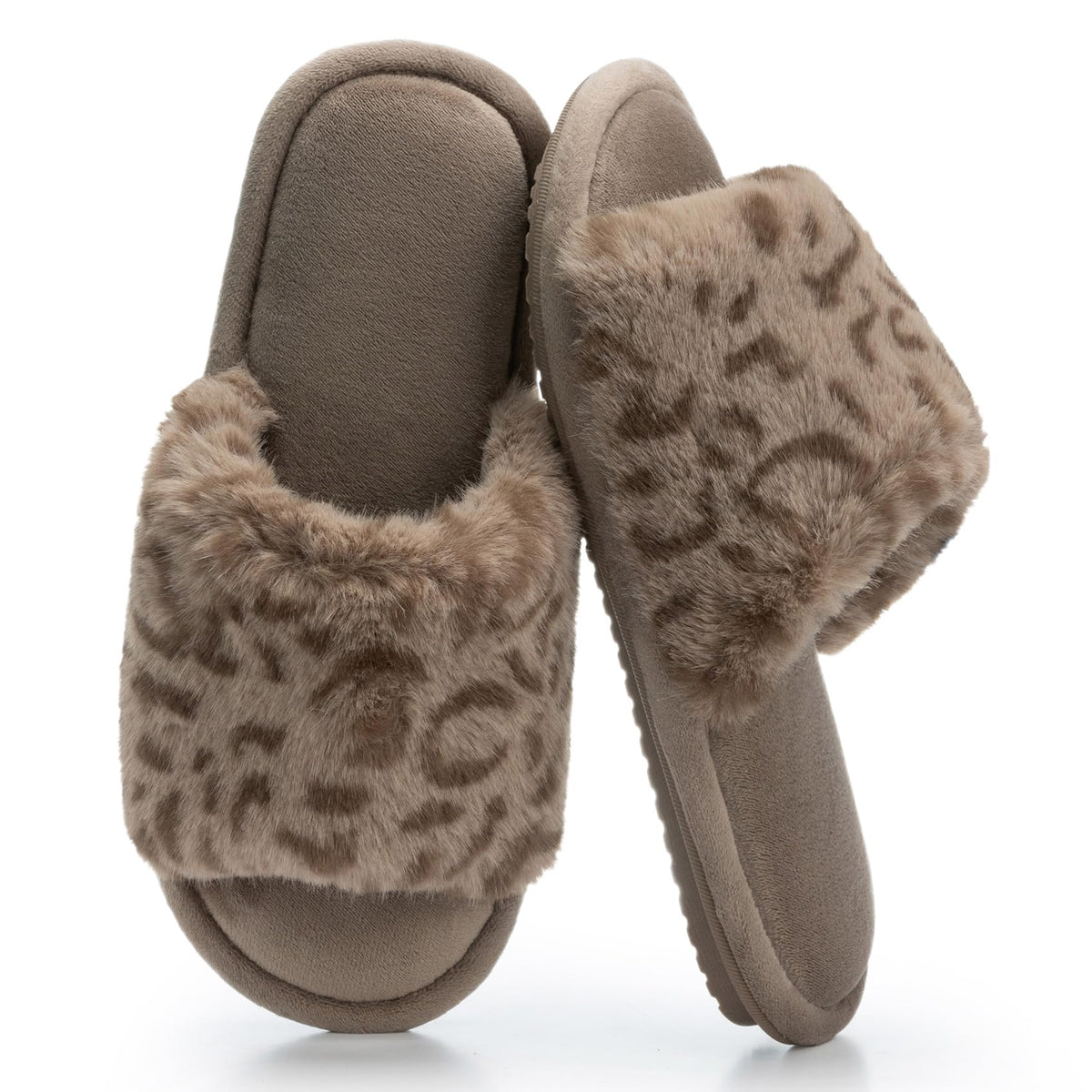 GOEWY Women's Fuzzy Open-Toe House Slippers with Memory Foam -Leopard Print