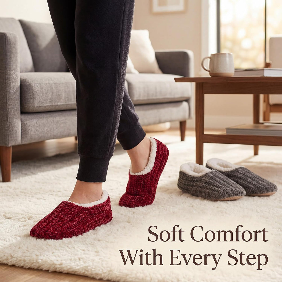 cosyone1997 Womens 2-Pair Knit Slippers Non Slip Slipper Socks