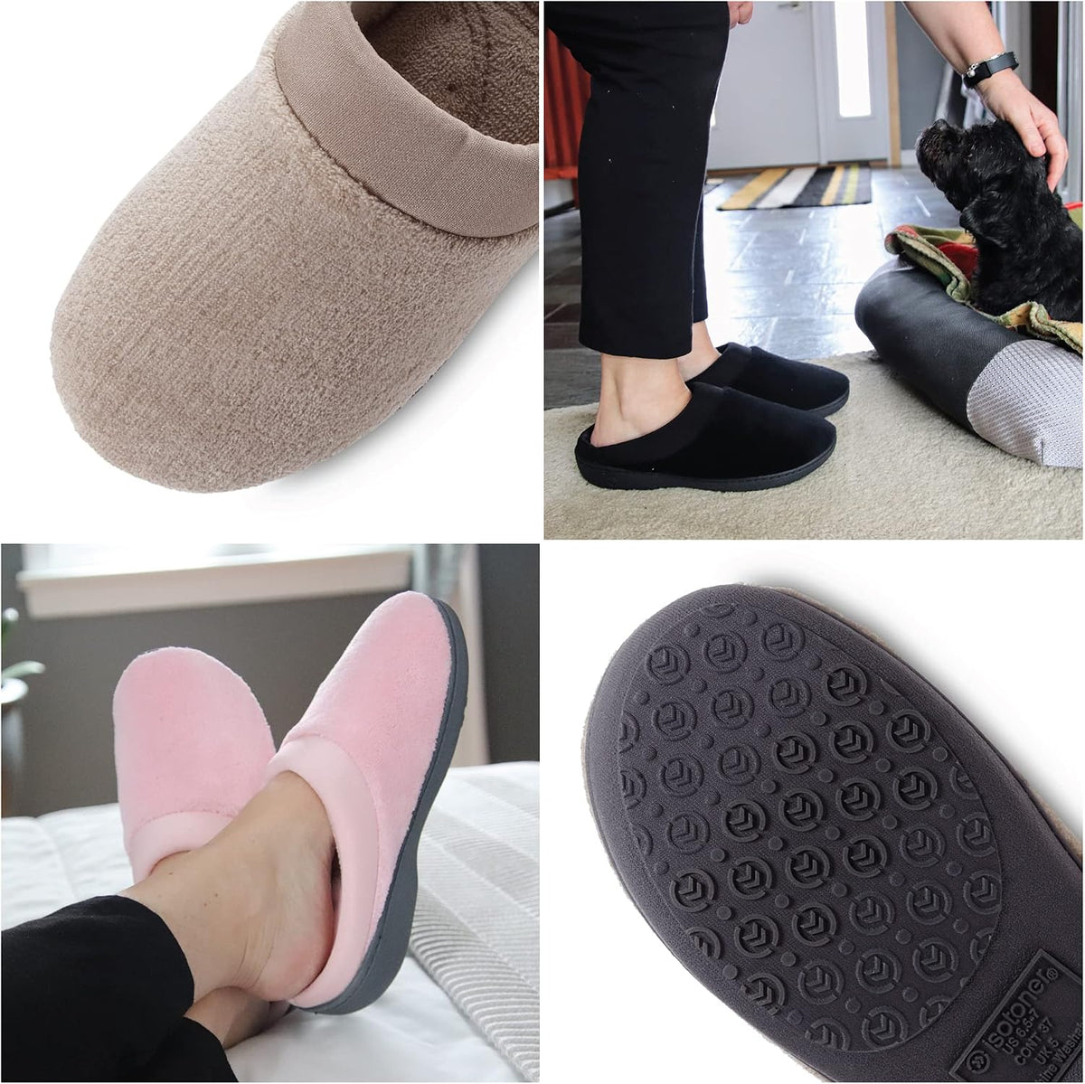 isotoner womens Terry and Satin Slip on Cushioned Slipper With Memory Foam for Indoor/Outdoor Comfort