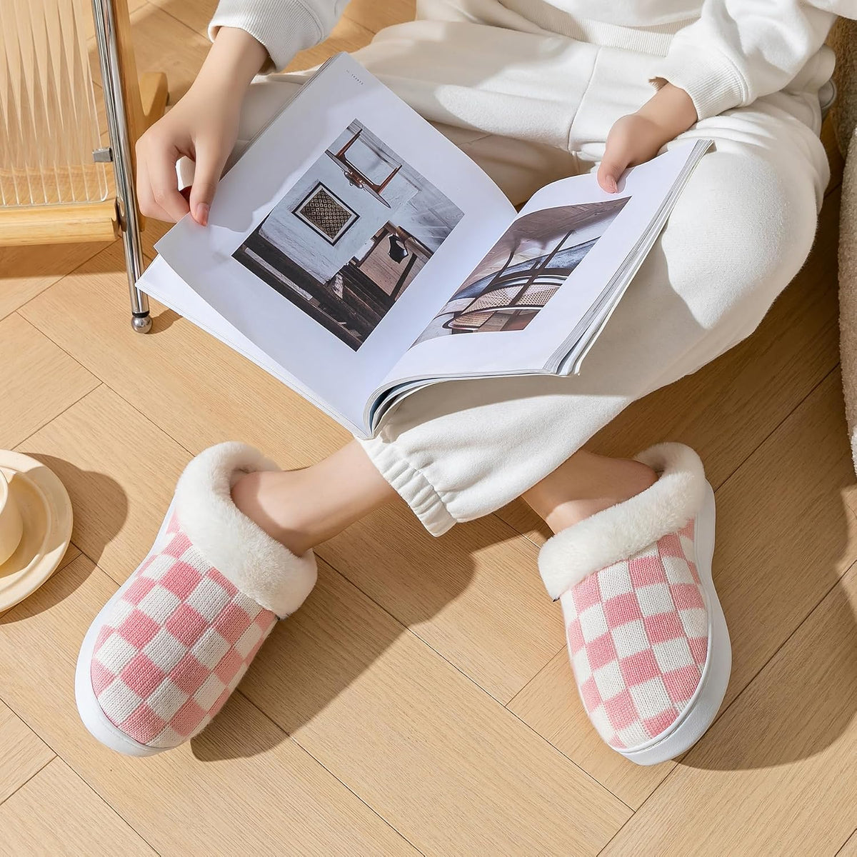 UBFEN Mens Womens Slippers Classic Plaid Winter Warm with Memory Foam Fluffy House Shoes Platform Indoor Bedroom