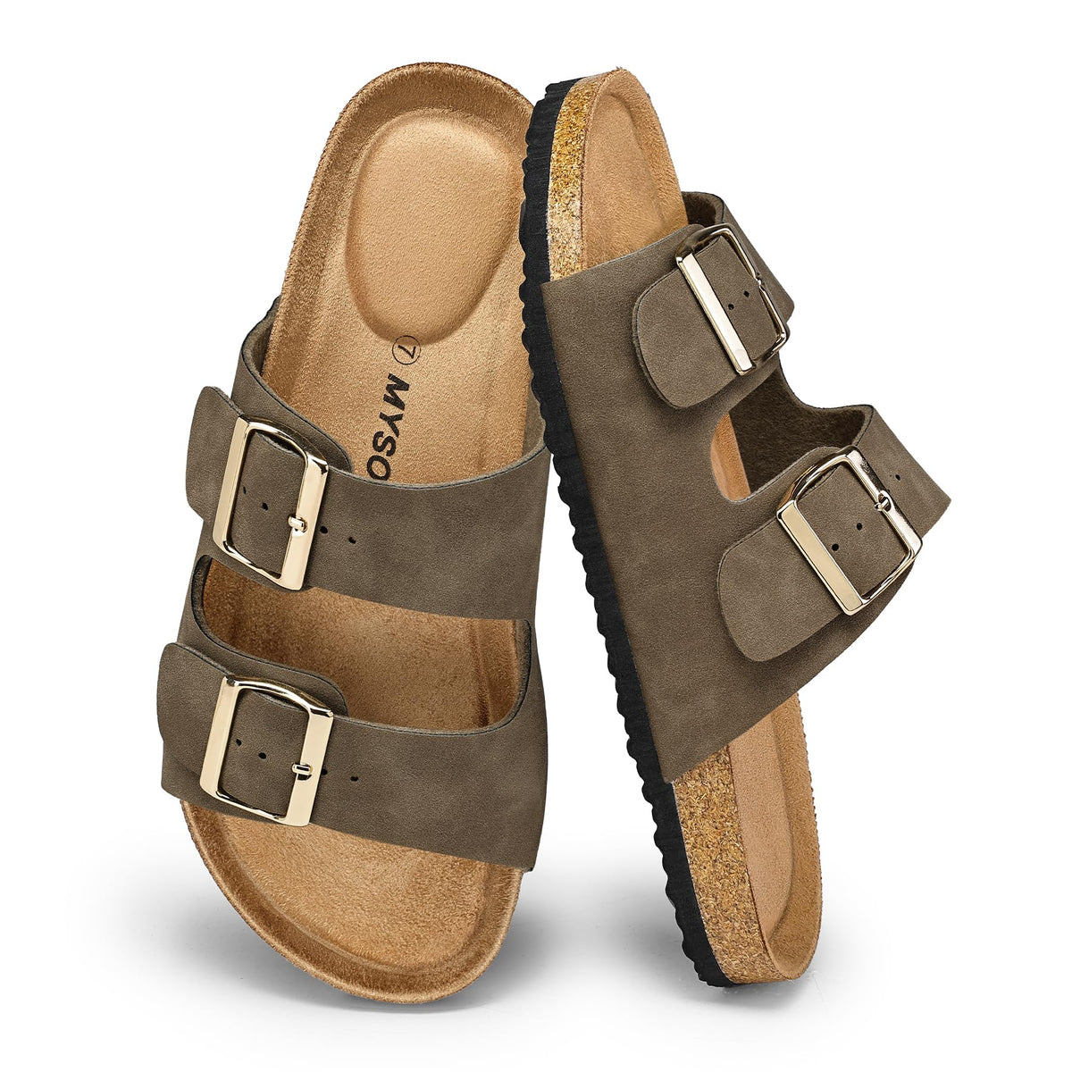 mysoft Womens Flat Sandals Cork Footbed Slides with 2 Straps