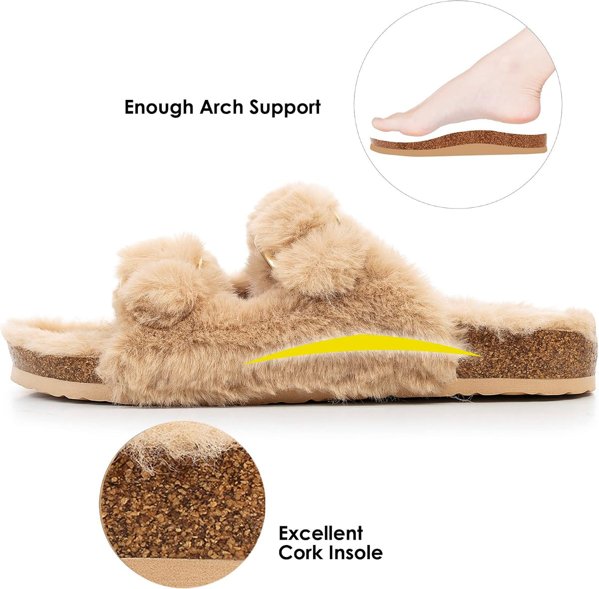 FITORY Womens Open Toe Slippers,Faux Rabbit Fur Cork Slides Sandals