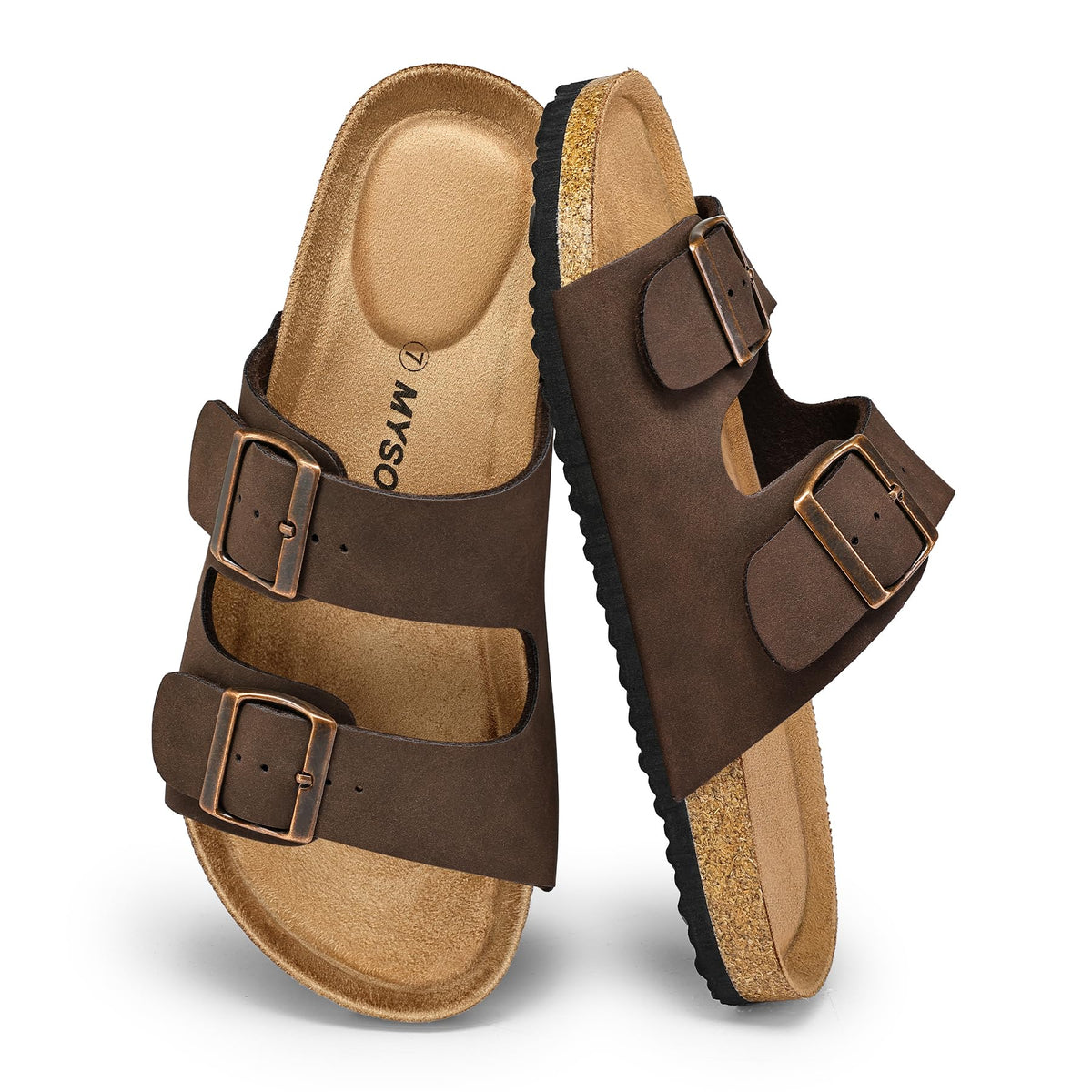 mysoft Womens Flat Sandals Cork Footbed Slides with 2 Straps