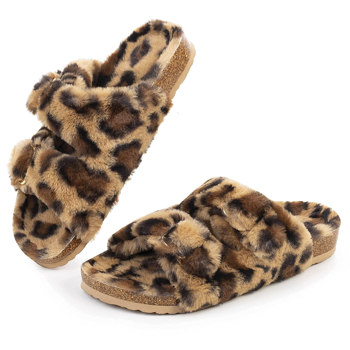 FITORY Womens Open Toe Slippers,Faux Rabbit Fur Cork Slides Sandals