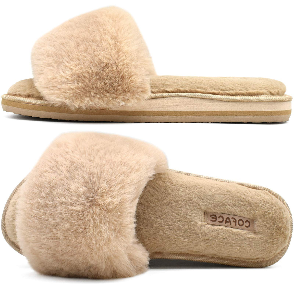 COFACE Womens Slippers with Arch Support Comfy Open Toe Fuzzy Woman House Shoes Plantar Fasciitis Orthotic Ladies Slippers Indoor