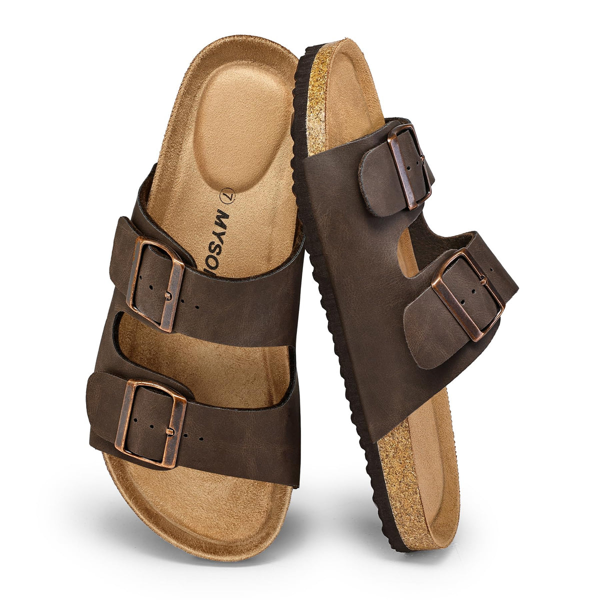 mysoft Womens Flat Sandals Cork Footbed Slides with 2 Straps