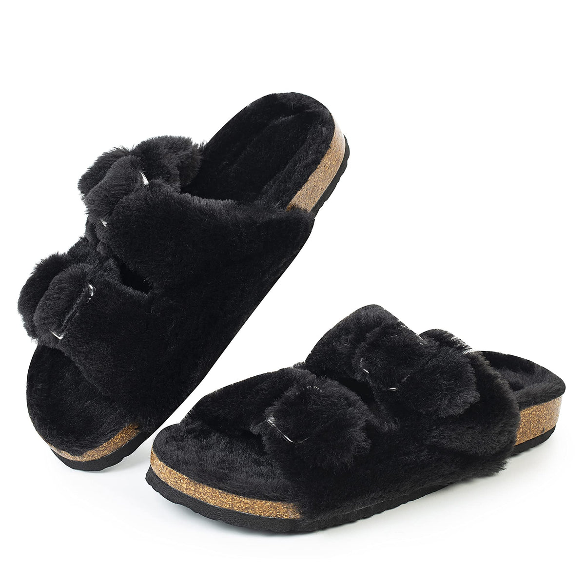 FITORY Womens Open Toe Slippers,Faux Rabbit Fur Cork Slides Sandals