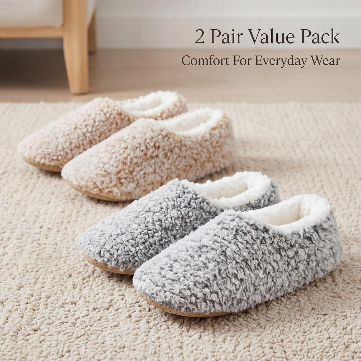cosyone1997 Womens 2-Pair Fuzzy Slippers Indoor Non Slip Soft Sole