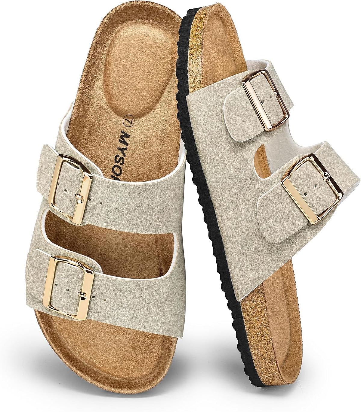 mysoft Womens Flat Sandals Cork Footbed Slides with 2 Straps