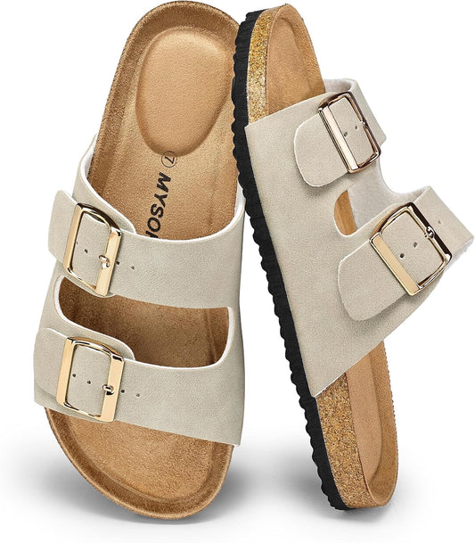 mysoft Womens Flat Sandals Cork Footbed Slides with 2 Straps