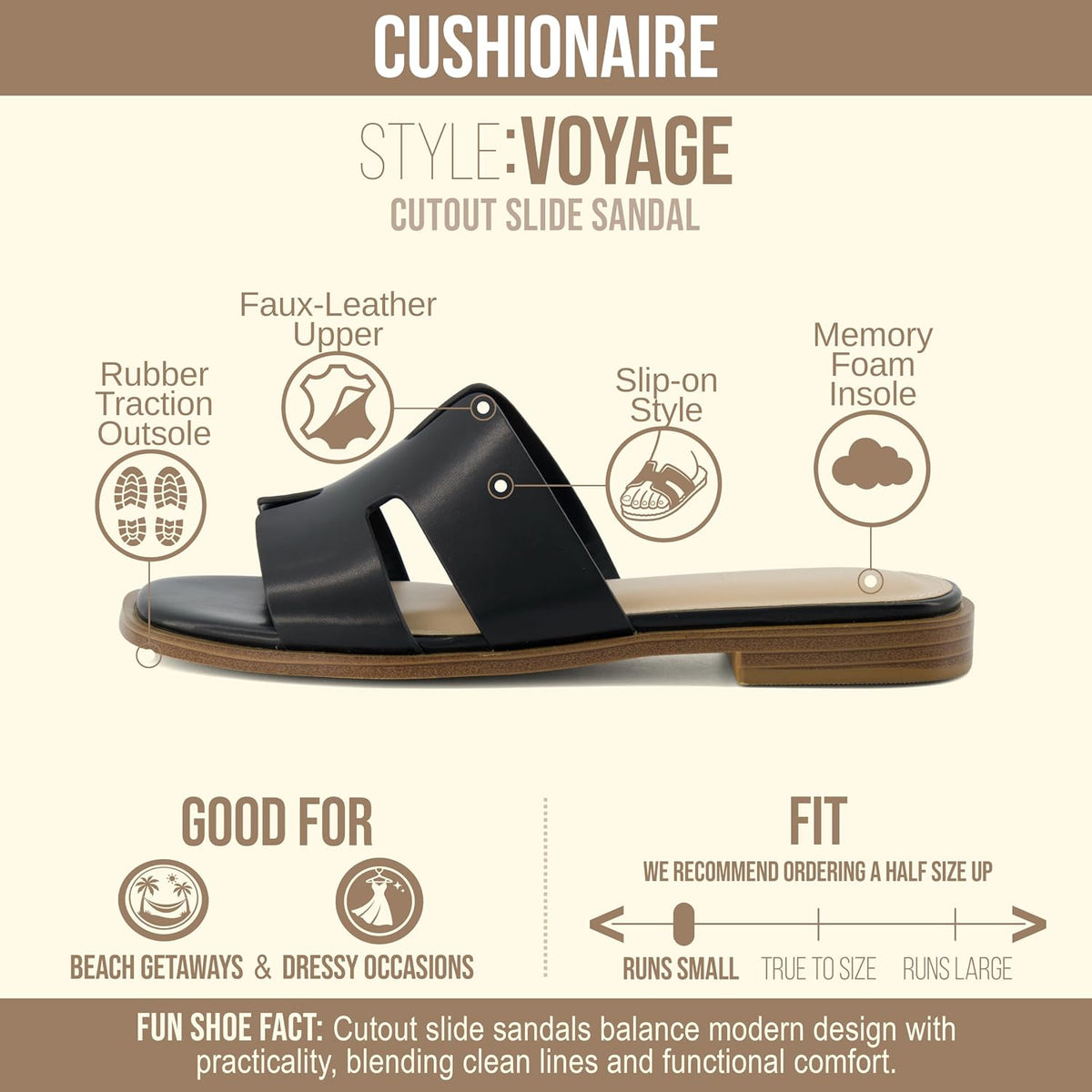 CUSHIONAIRE Voyage Cutout Strap Slides for Women, Slip On Summer Flats, Trendy Footwear, Memory Foam Vegan Leather Comfortable Vacation Style Sandals