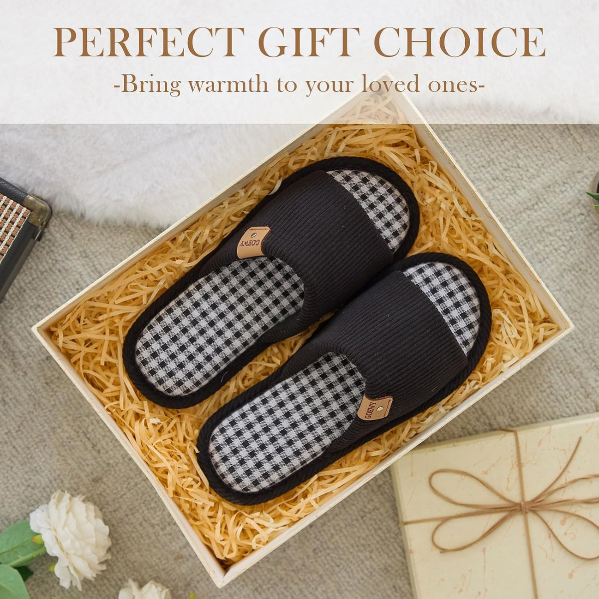 GOEWY Open Toe Corduroy Slippers for Women Memory Foam Casual House Shoes
