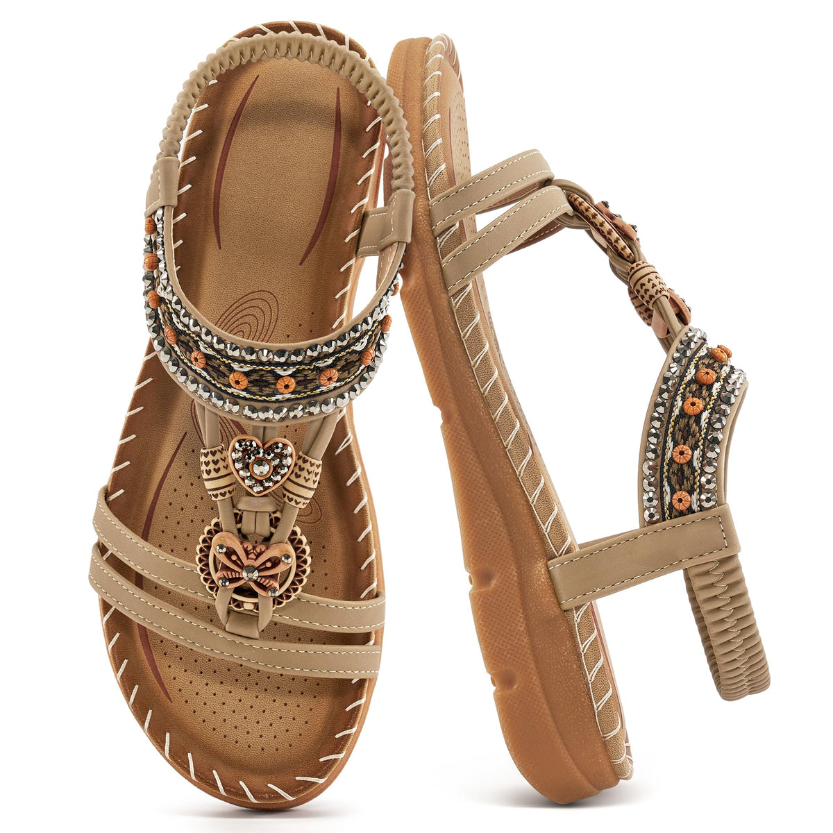 Aomigoct Sandals Women Flat Shoes: Dressy Summer Bohemian Flats Shoes for Women Sandals Comfortable Ankle Strap Outdoor Walking
