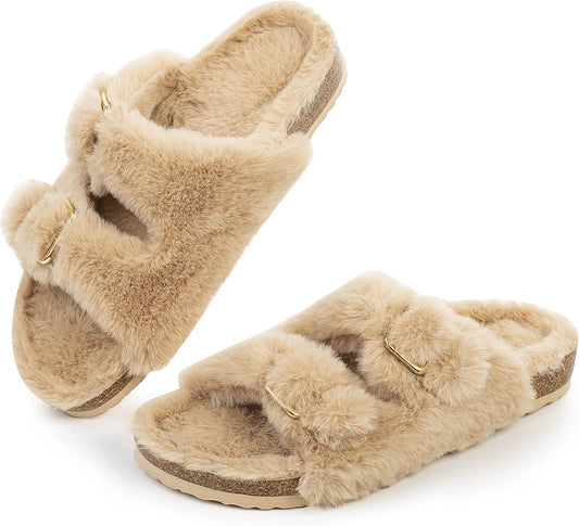 FITORY Womens Open Toe Slippers,Faux Rabbit Fur Cork Slides Sandals