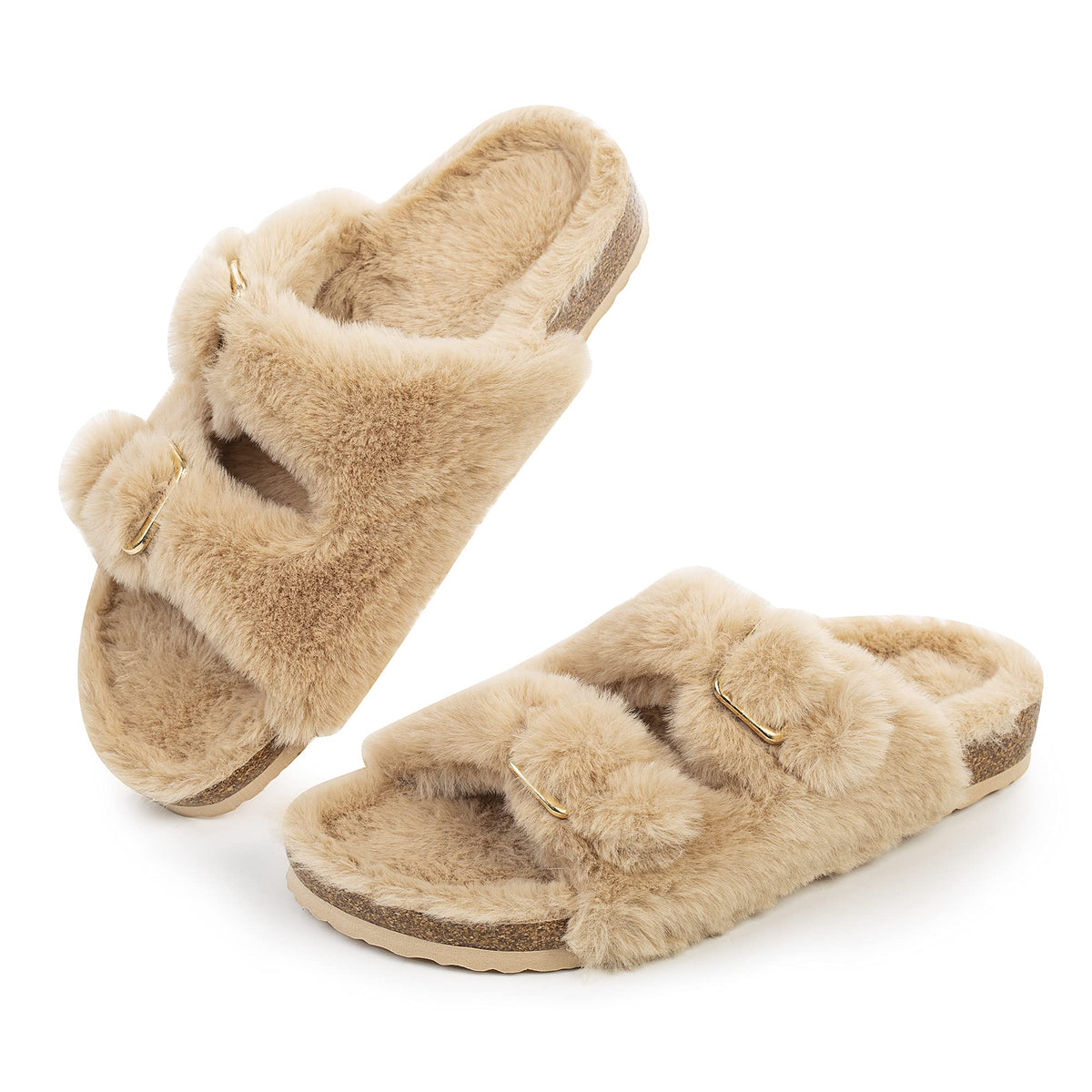 FITORY Womens Open Toe Slippers,Faux Rabbit Fur Cork Slides Sandals