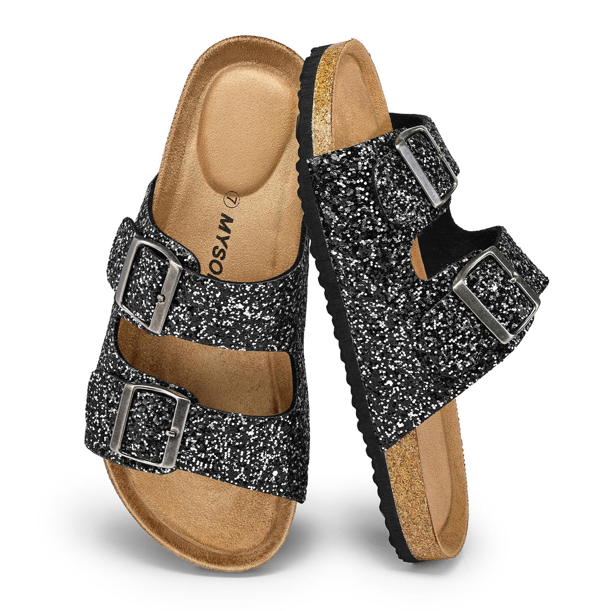 mysoft Womens Flat Sandals Cork Footbed Slides with 2 Straps