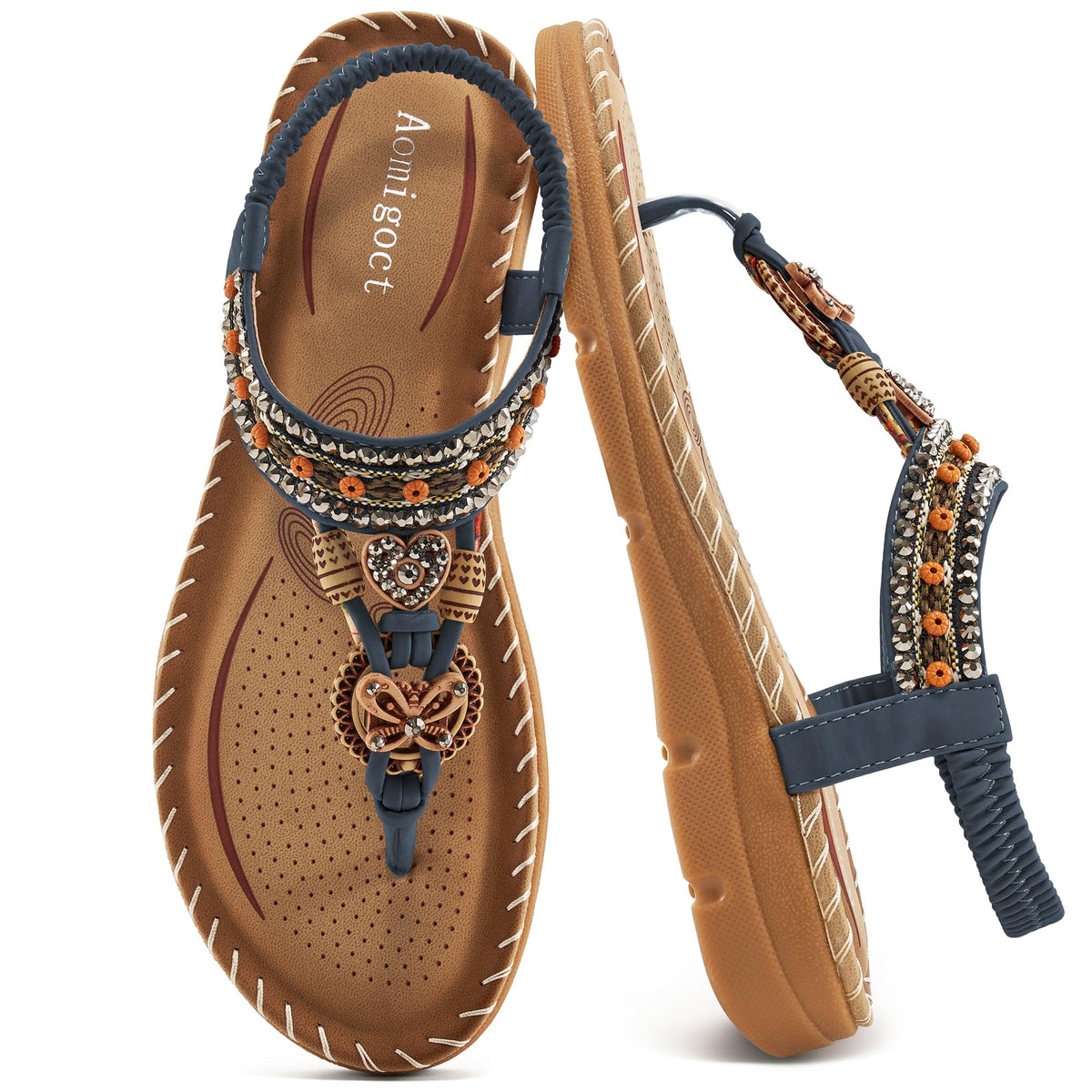 Aomigoct Sandals Women Flat Shoes: Dressy Summer Bohemian Flats Shoes for Women Sandals Comfortable Ankle Strap Outdoor Walking