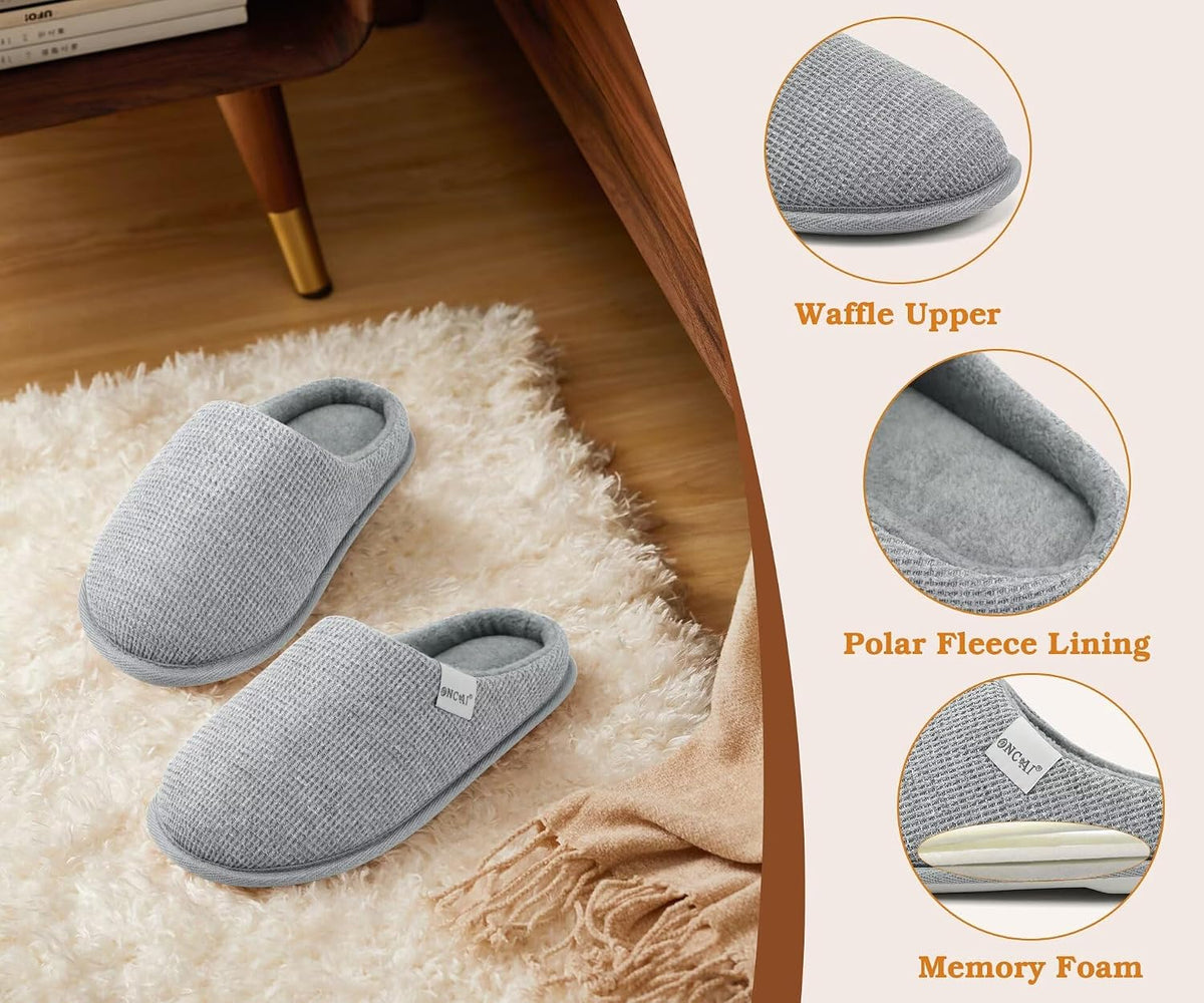 ONCAI Women's House Slippers, Cushion Memory Foam Waffle Upper Home Comfortable Warm Winter Cozy Soft Lightweight Indoor Best House Shoes Non-slip Rubber Sole US Size 5-11