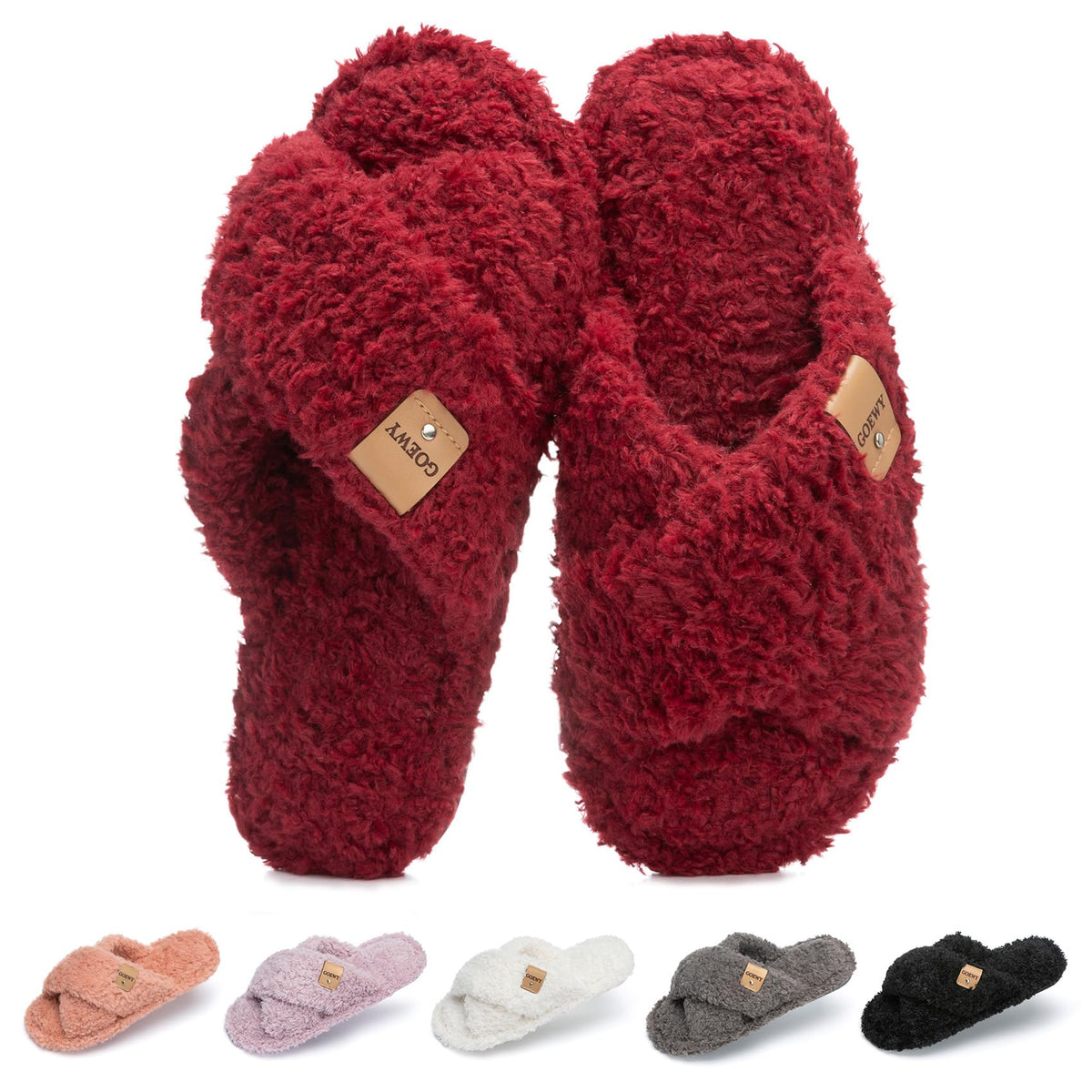 GOEWY Fuzzy Open Toe Slippers for Women Cozy Memory Foam House Shoes Indoor