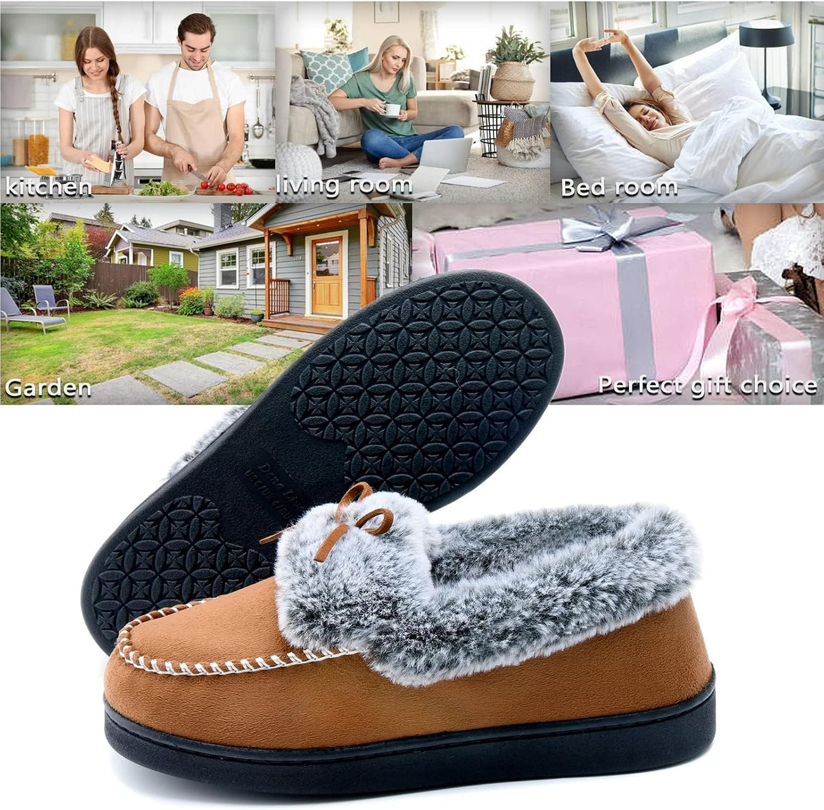 DL Womens Fuzzy Warm Moccasin Slippers Memory Foam, Soft Fluffy Women's Winter House Slipper Closed Back Fur Lined, Cozy Ladies Suede Indoor Bedroom Houseshoes Non-Slip