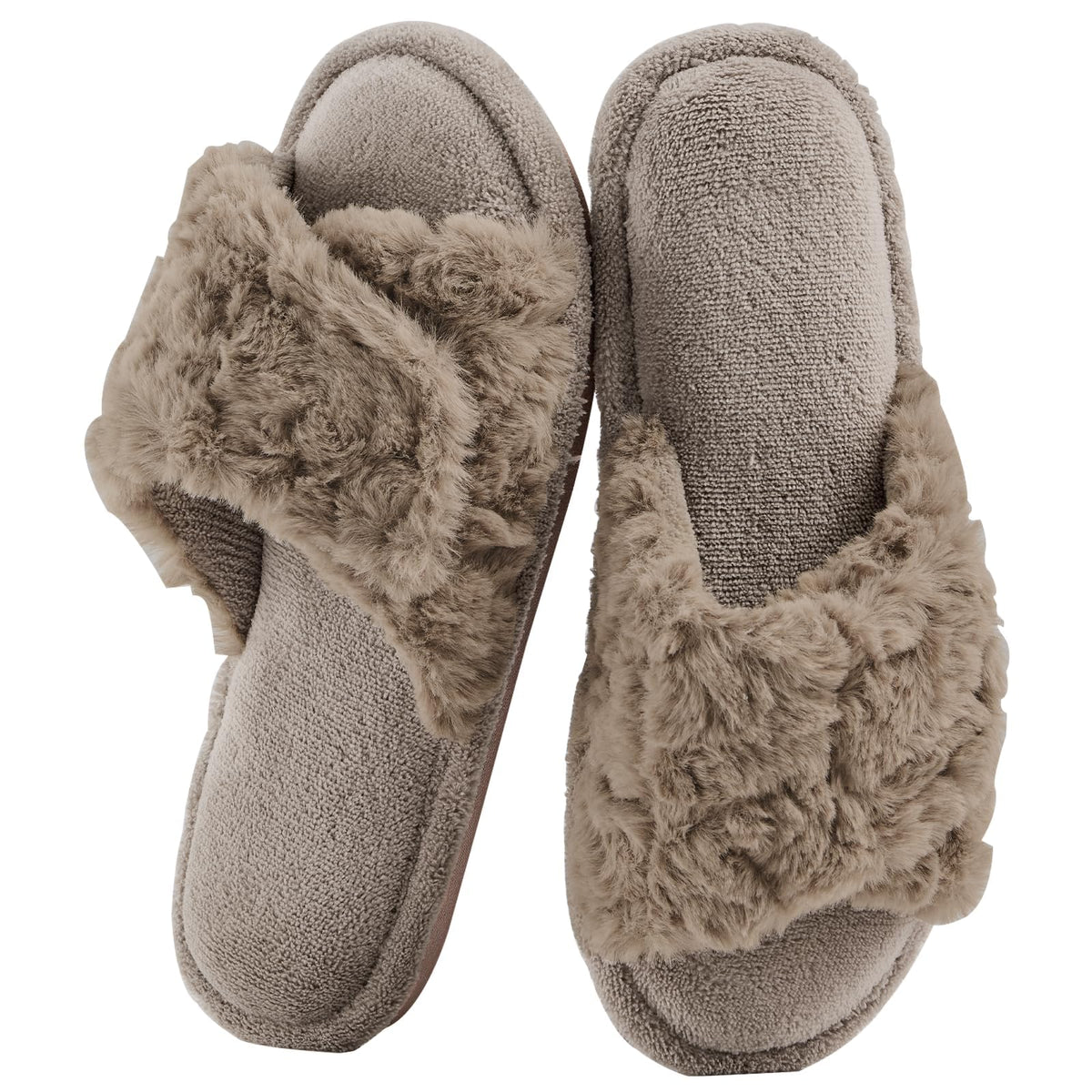 HUXMEYSON Slippers for Women, Open Toe Memory Foam House Shoes with Adjustable Strap, Cozy Faux Fur & Anti-Slip Indoor Outdoor TPR Soles