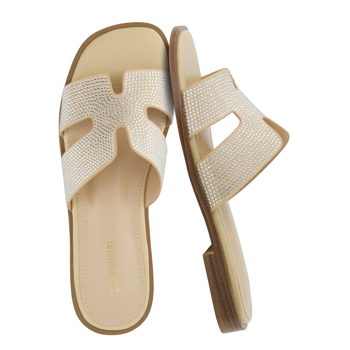 CUSHIONAIRE Voyage Cutout Strap Slides for Women, Slip On Summer Flats, Trendy Footwear, Memory Foam Vegan Leather Comfortable Vacation Style Sandals