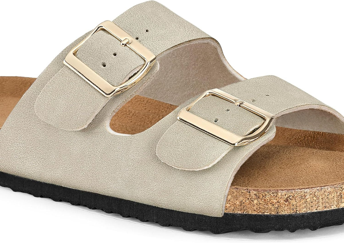 mysoft Womens Flat Sandals Cork Footbed Slides with 2 Straps