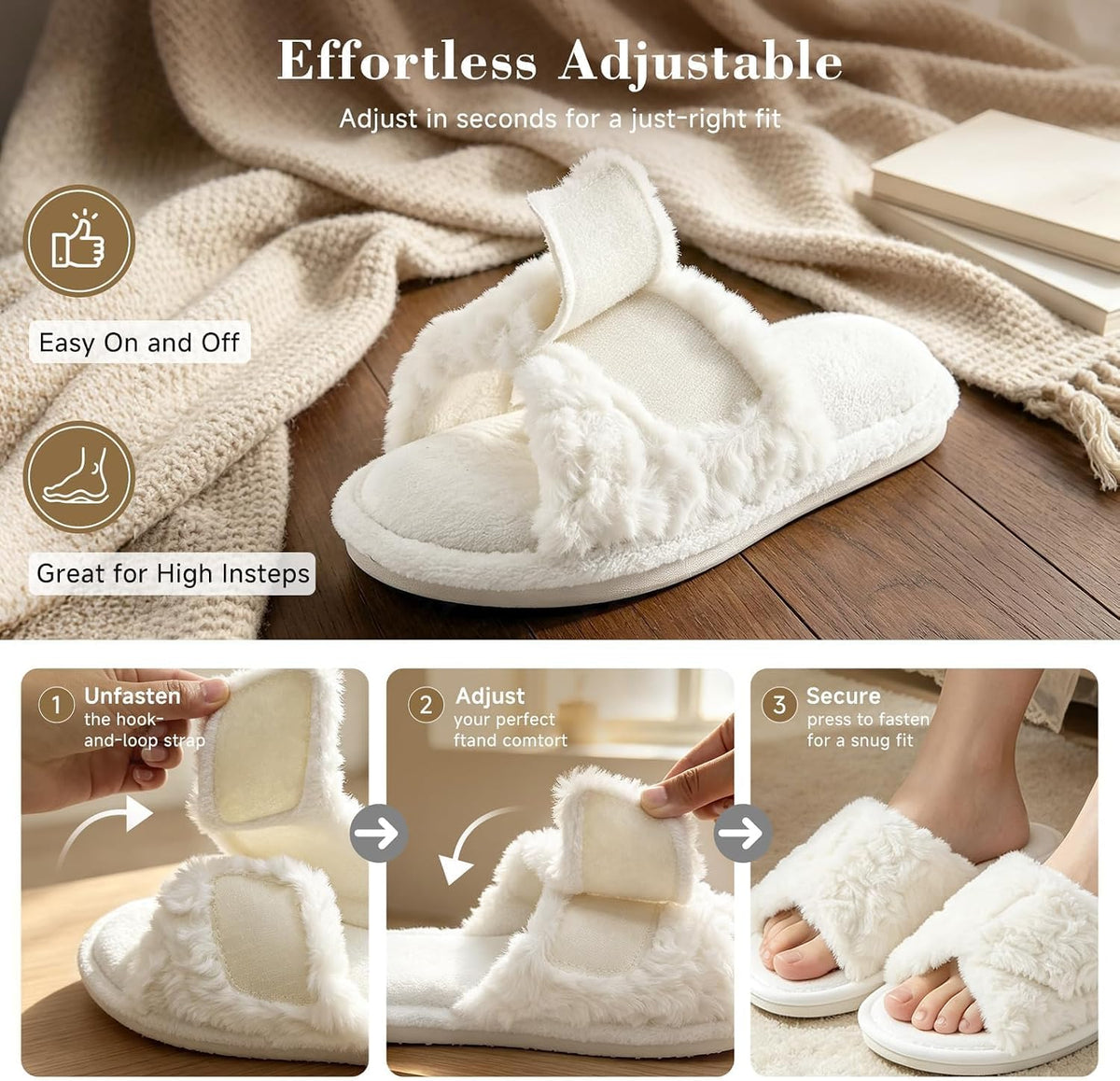 HUXMEYSON Slippers for Women, Open Toe Memory Foam House Shoes with Adjustable Strap, Cozy Faux Fur & Anti-Slip Indoor Outdoor TPR Soles