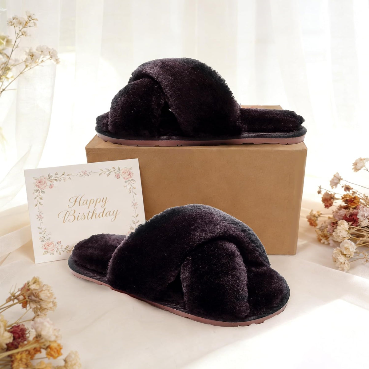 Crazy Lady Womens Fuzzy House Slippers Cross Band Memory Foam Sandals