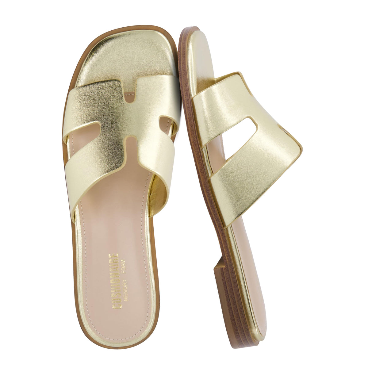CUSHIONAIRE Voyage Cutout Strap Slides for Women, Slip On Summer Flats, Trendy Footwear, Memory Foam Vegan Leather Comfortable Vacation Style Sandals