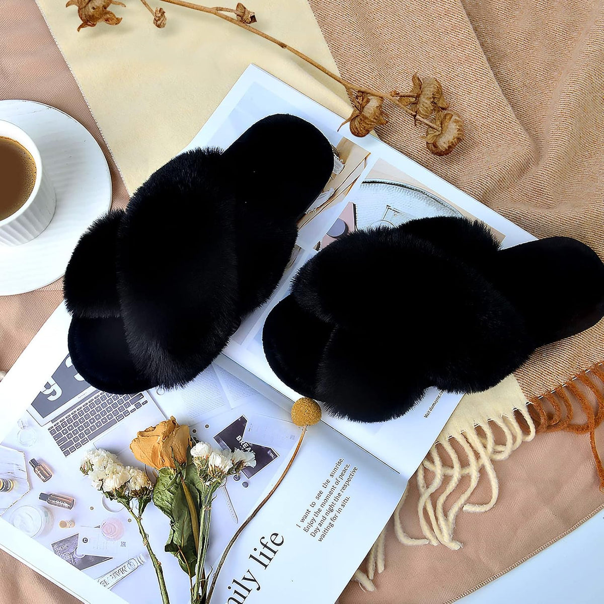 Parlovable Women's Cross Band Slippers Fuzzy Open-Toe Memory Foam