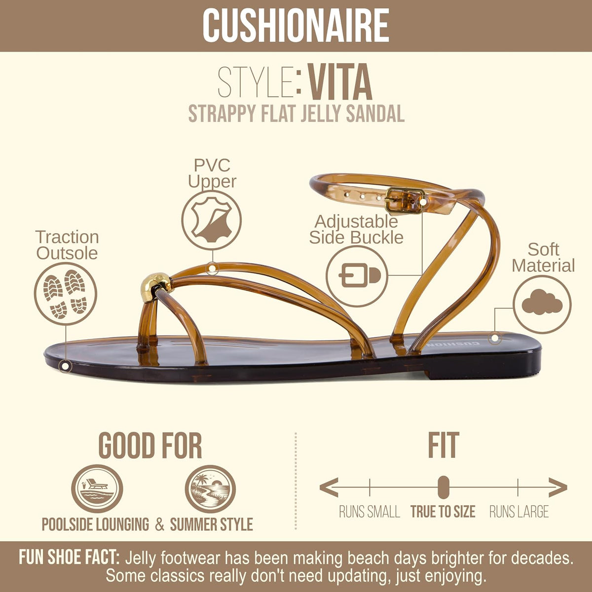 CUSHIONAIRE Vita Jelly Sandals for Women, Casual Lightweight Womens Strappy Sandals with Adjustable Buckle Strap and Gold Hardware Accent