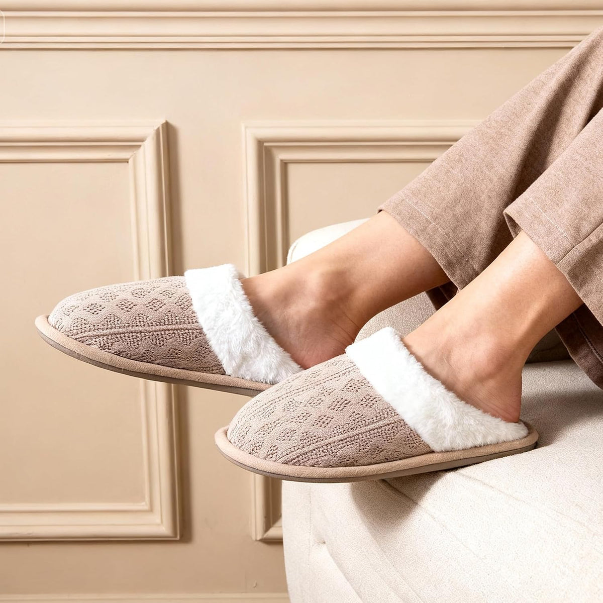 Women's Cozy Knit Slippers with Faux Fur Lining Memory Foam - Non-Slip Rubber Sole Indoor/Outdoor Winter House Shoes for Warmth and Comfort