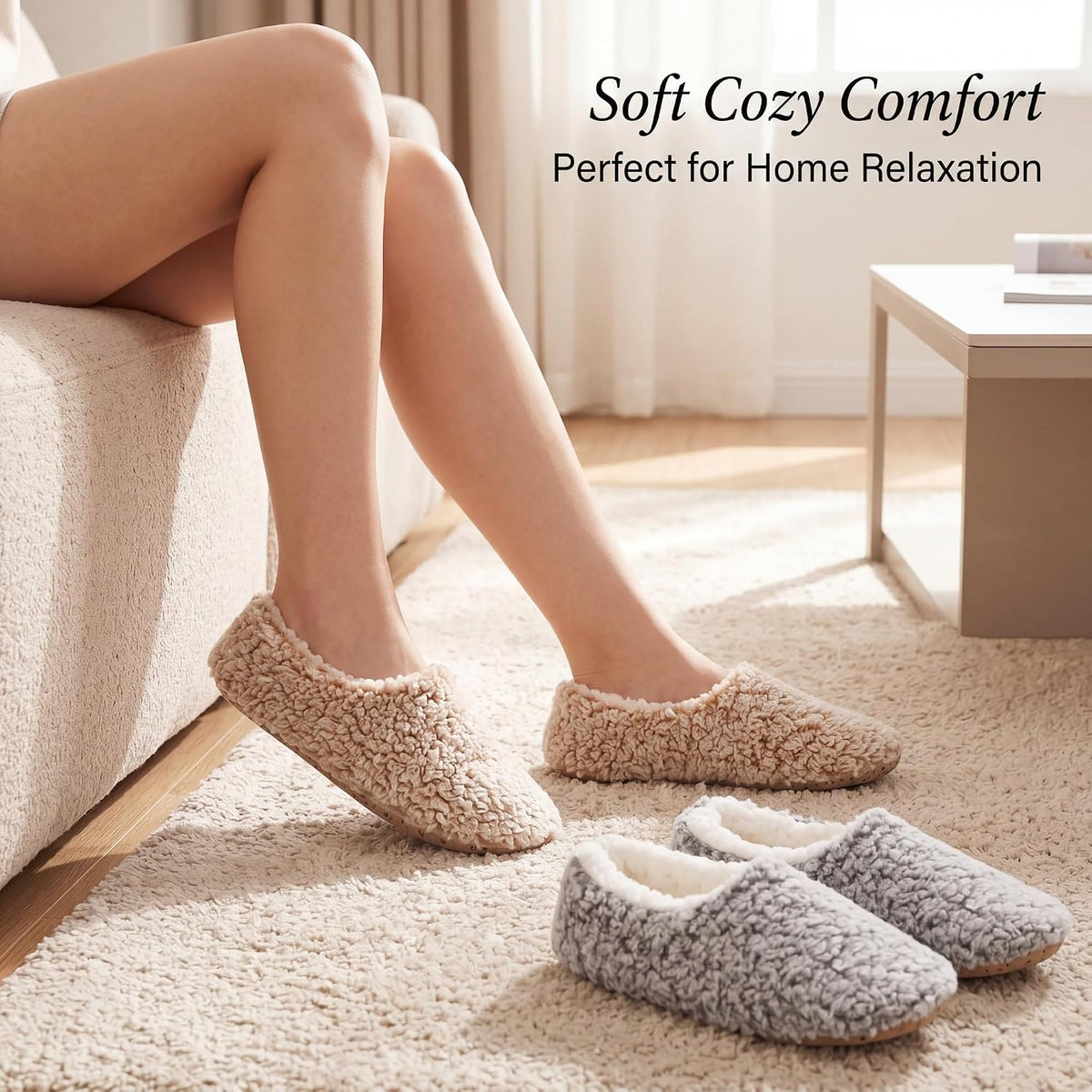 cosyone1997 Womens 2-Pair Fuzzy Slippers Indoor Non Slip Soft Sole
