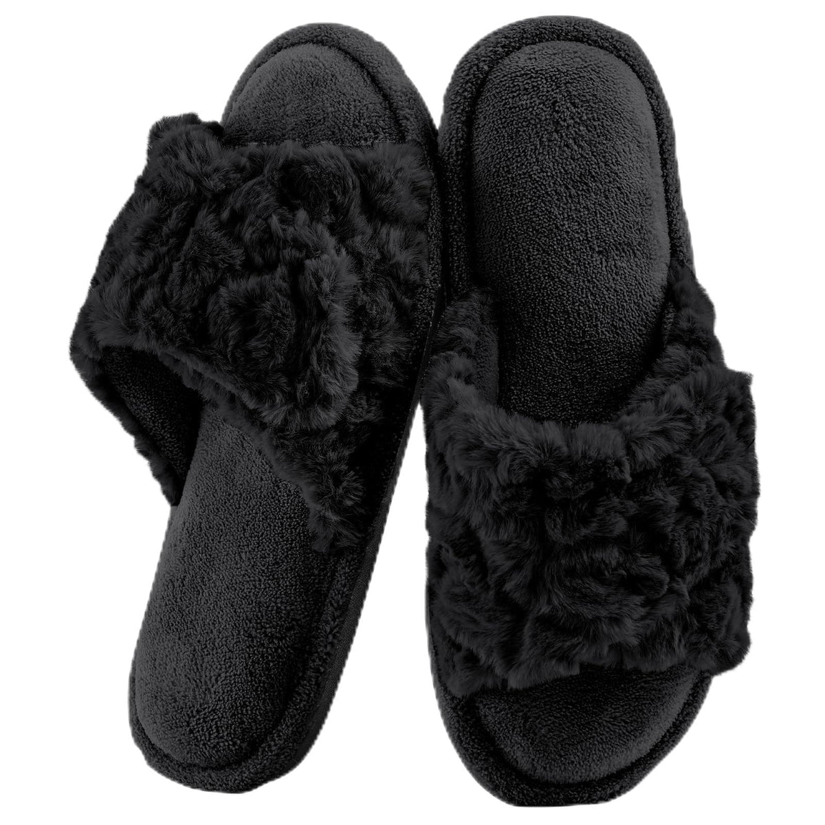 HUXMEYSON Slippers for Women, Open Toe Memory Foam House Shoes with Adjustable Strap, Cozy Faux Fur & Anti-Slip Indoor Outdoor TPR Soles