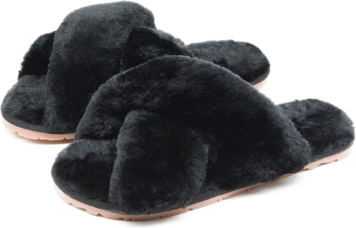 Crazy Lady Womens Fuzzy House Slippers Cross Band Memory Foam Sandals