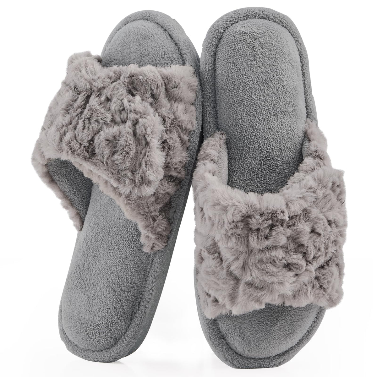 HUXMEYSON Slippers for Women, Open Toe Memory Foam House Shoes with Adjustable Strap, Cozy Faux Fur & Anti-Slip Indoor Outdoor TPR Soles