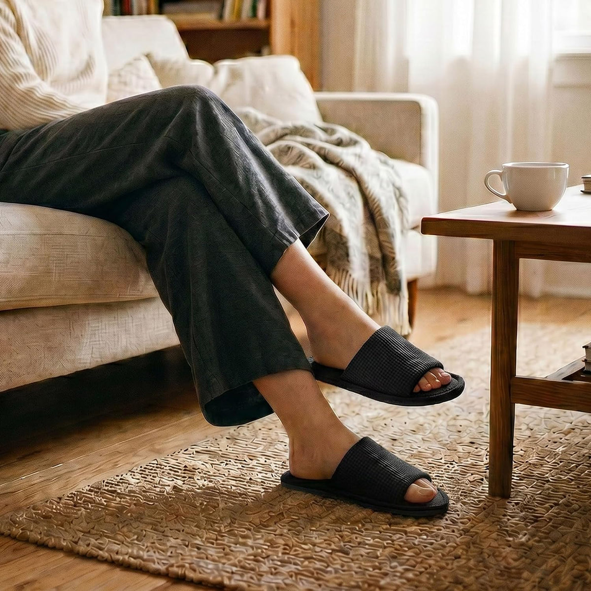 Women's Open Toe House Slippers Breathable Waffle Fabric Memory Foam