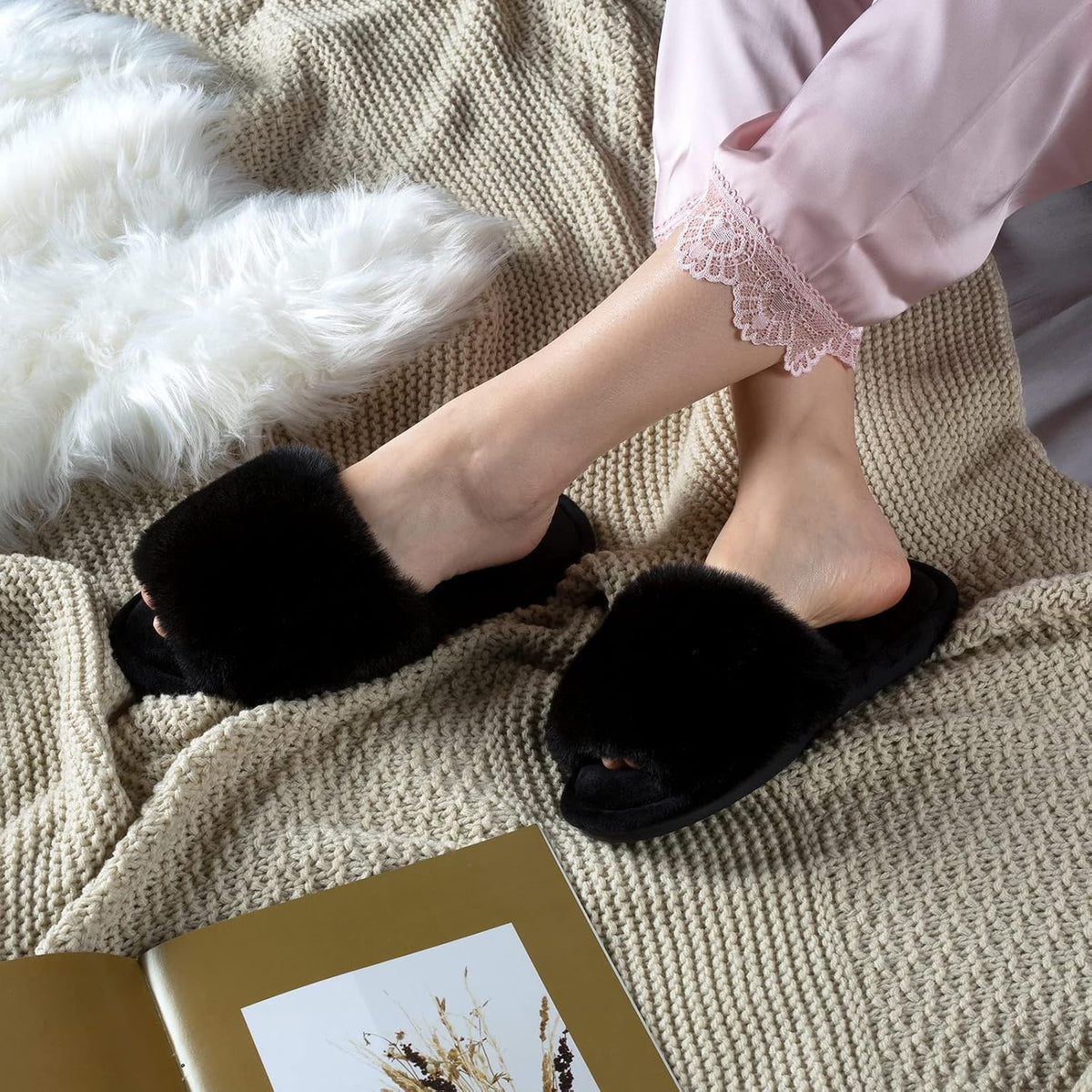 Parlovable Fuzzy Slippers for Women Open-Toe Slip On