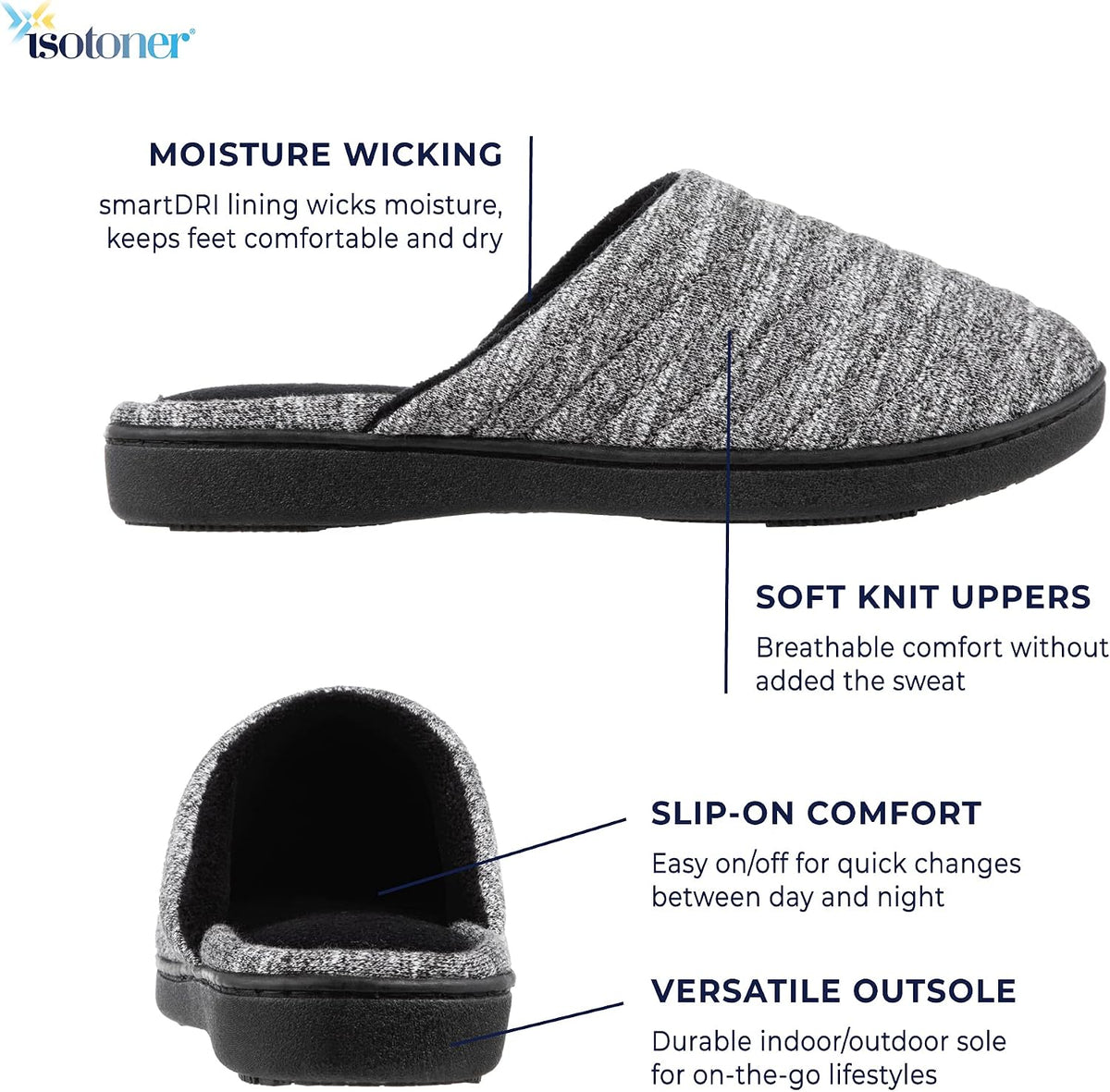 Isotoner Women's Premium Knit Slide Slippers - Moisture-Wicking Lining, Rubber Indoor/Outdoor Sole - Machine Washable House Shoes