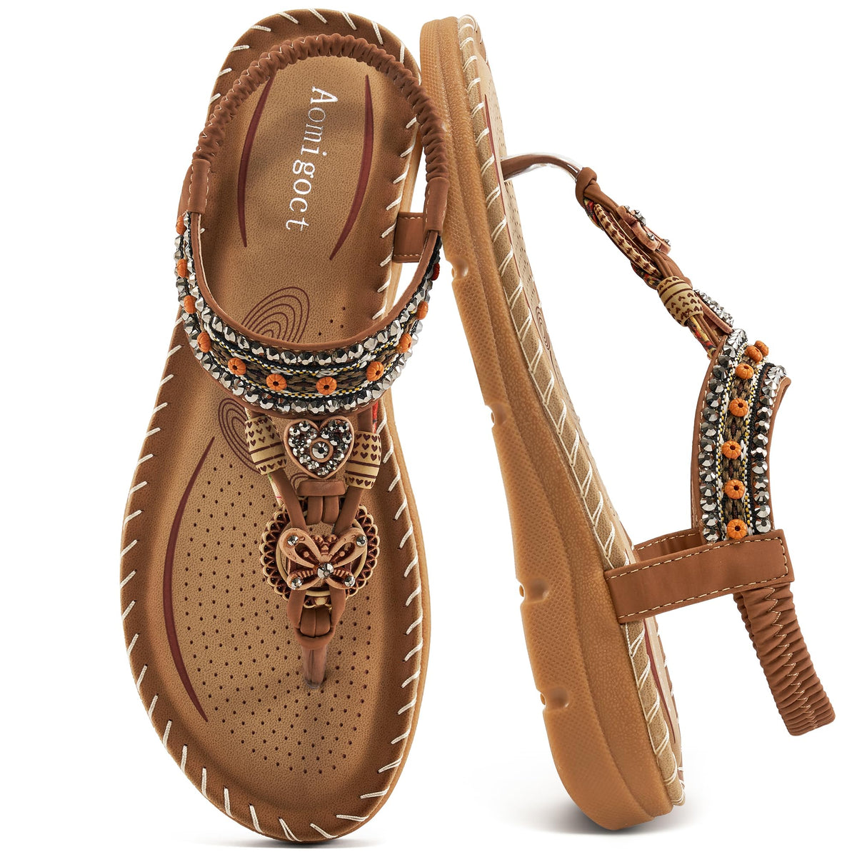 Aomigoct Sandals Women Flat Shoes: Dressy Summer Bohemian Flats Shoes for Women Sandals Comfortable Ankle Strap Outdoor Walking