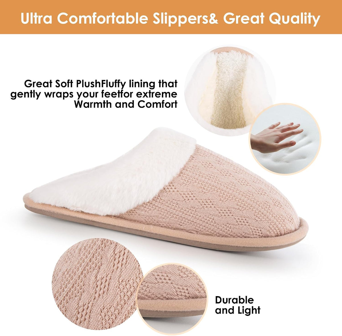 Women's Cozy Knit Slippers with Faux Fur Lining Memory Foam - Non-Slip Rubber Sole Indoor/Outdoor Winter House Shoes for Warmth and Comfort