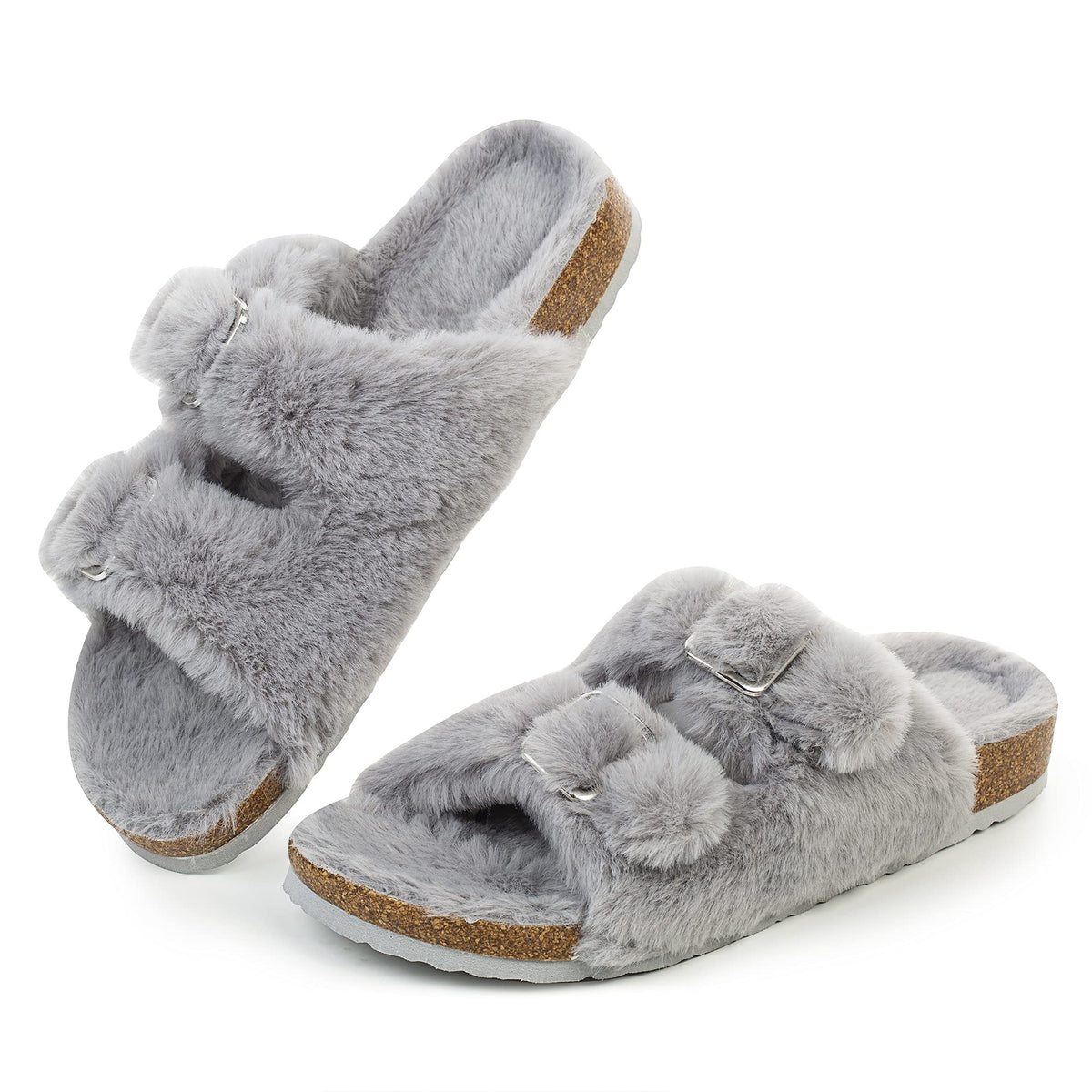FITORY Womens Open Toe Slippers,Faux Rabbit Fur Cork Slides Sandals