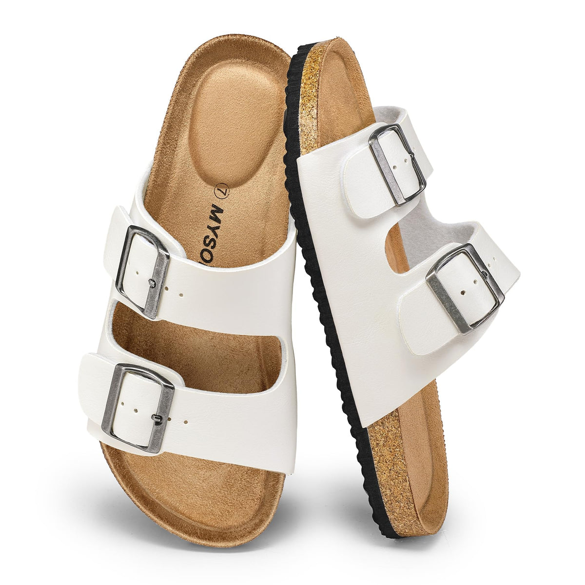 mysoft Womens Flat Sandals Cork Footbed Slides with 2 Straps