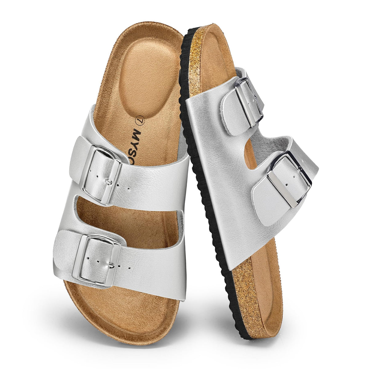 mysoft Womens Flat Sandals Cork Footbed Slides with 2 Straps