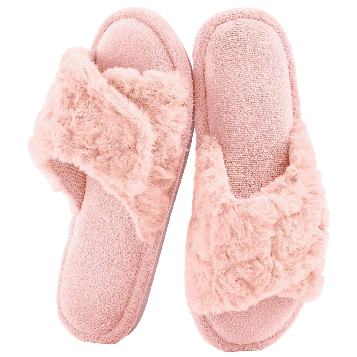 HUXMEYSON Slippers for Women, Open Toe Memory Foam House Shoes with Adjustable Strap, Cozy Faux Fur & Anti-Slip Indoor Outdoor TPR Soles