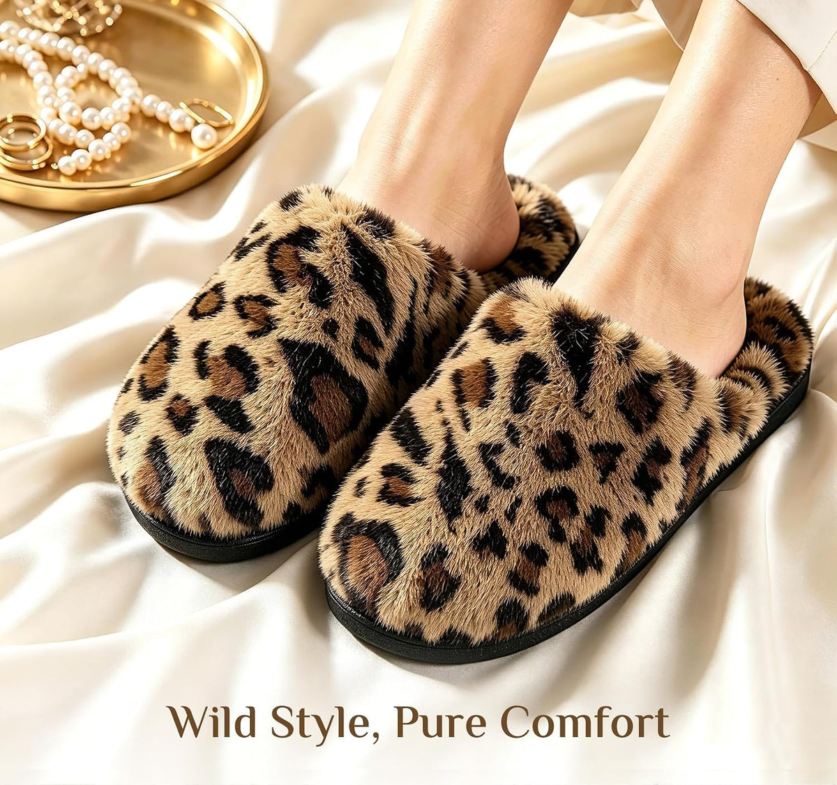 JOLLYVOGUE Cheetah Slippers for Women, Leopard Memory Foam House Shoes